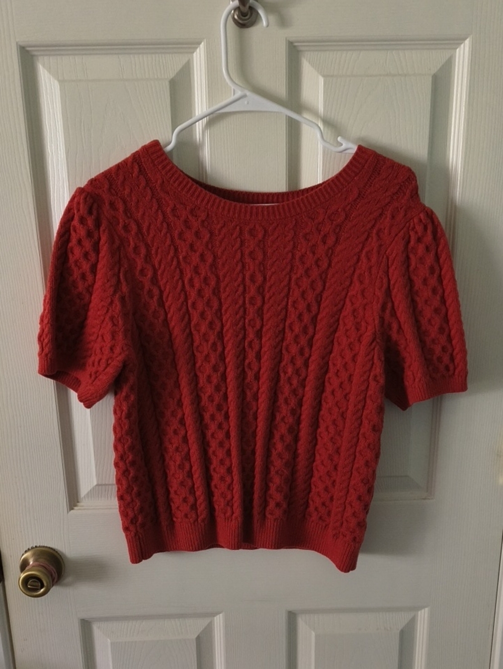 Cable-Knit Short-Sleeve Sweater in Red